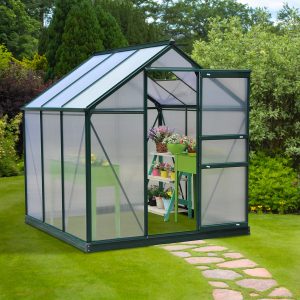 Walk In Greenhouse 6 X 6 X 7 Aluminum Polycarbonate Portable Garden Greenhouse With Rooftop Vent UV-Resistant Walls Dark Green
