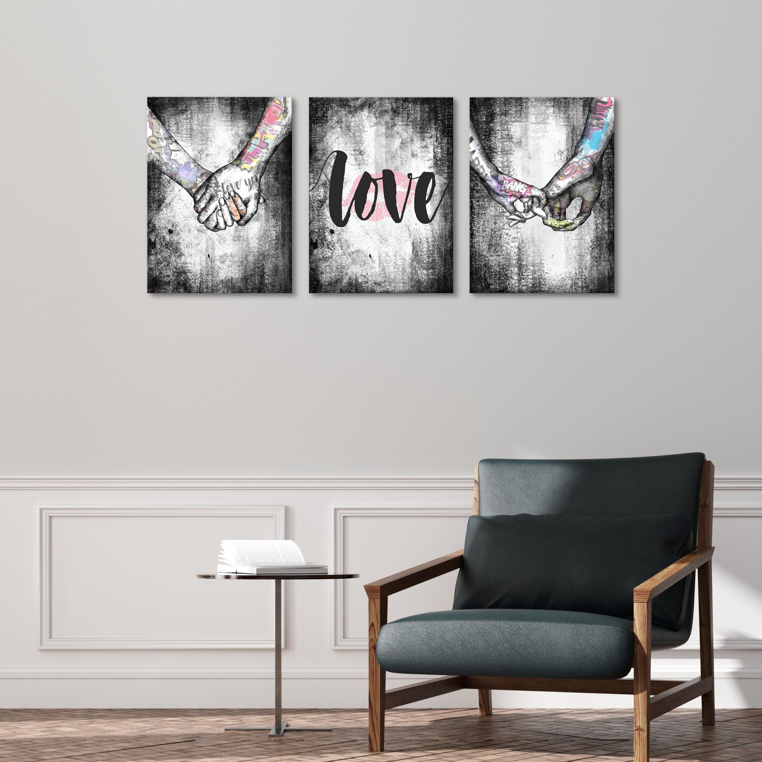 3pcs Canvas Hand In Hand And Love Theme Framed Poster, Creative Wall Art For Bedroom, Office, Living Room, Cafe, Bar, Wall Decor, Home And Dormitory Decoration