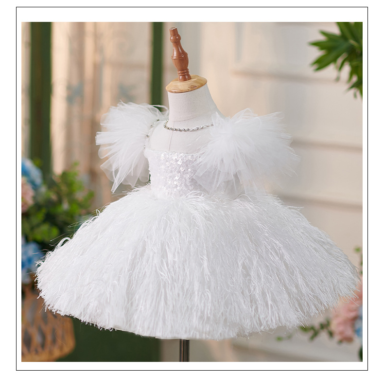 Girls Sequins White Flying Sleeves Feather Dress