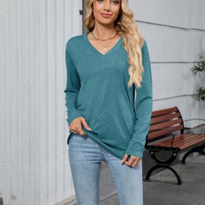 Leisure Pullover V-neck Solid Color Loose Long Sleeves