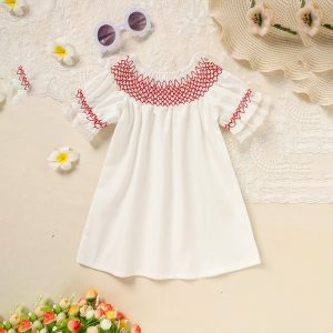 Infant Baby Girl Valentines Day Dress Lace Short Sleeve Round Neck White With Red Embroidery Party Dress