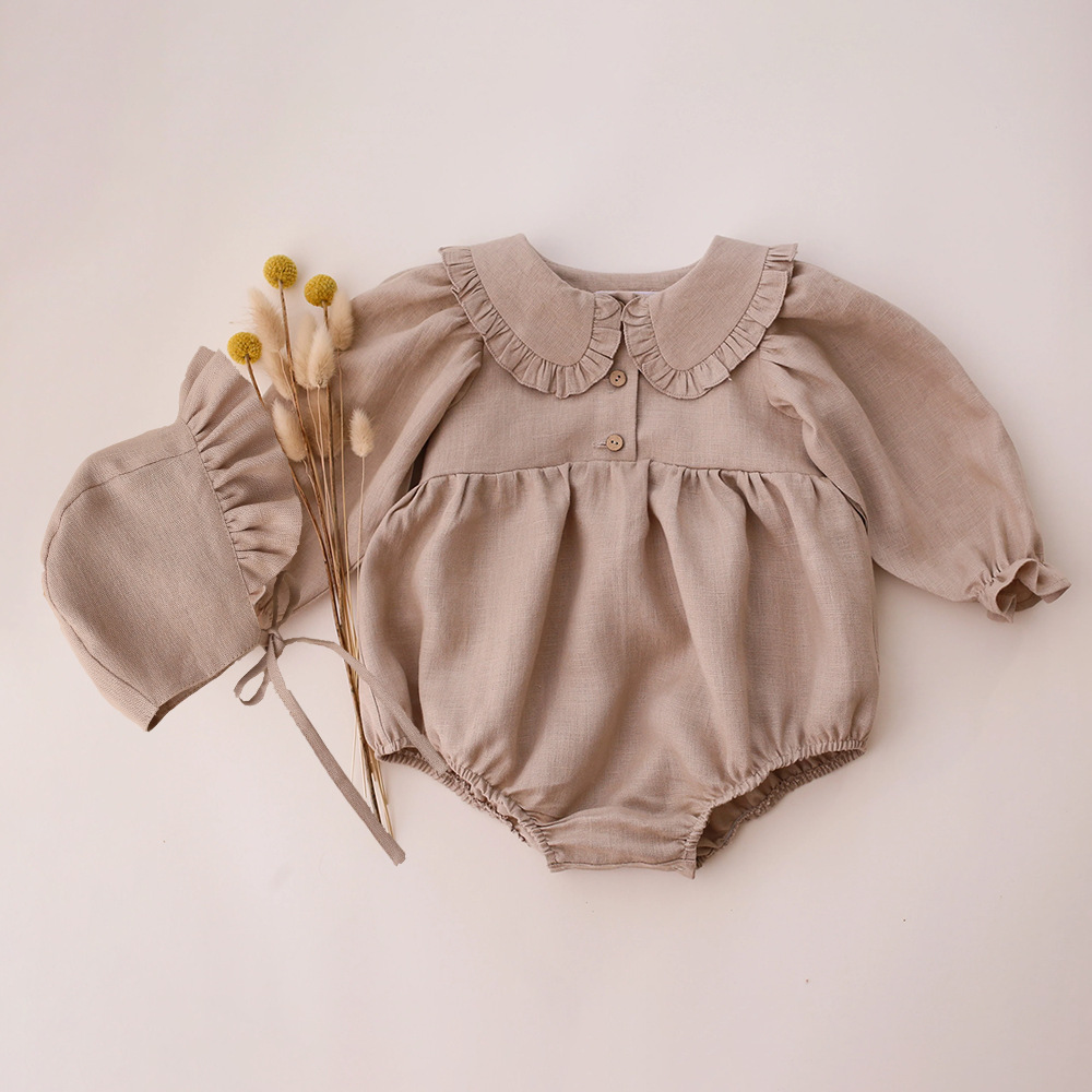 Cotton And Linen Romper Hat Baby Lace Collar Onesie