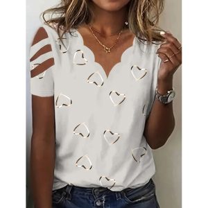 Women Cold Shoulder Tops Casual Loose Hollow Out Short Sleeve T Shirt Sexy V Neck Tops Blouses