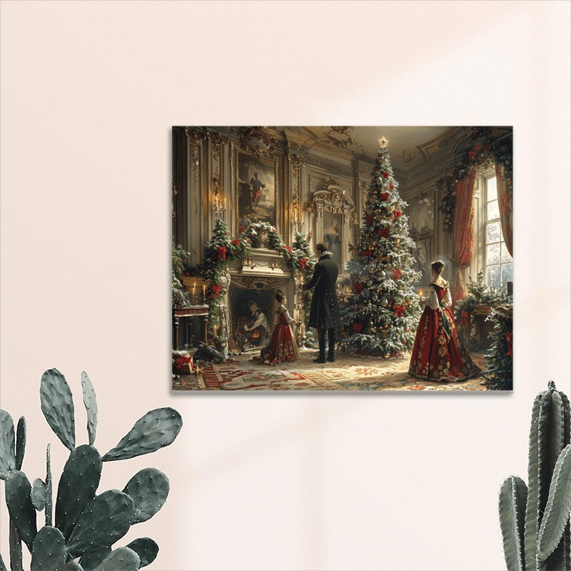 1 Canvas Painting With Wood Frame, Ready To Hang, Victorian Christmas Tree Light Scene - Woven Fiberboard Wall Art, Waterproof Framed Canvas - Holiday Decorations For Thanksgiving, Christmas, Hallowee