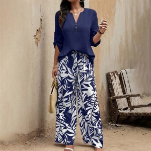 Women's Spring&Summer Elegant Long Sleeve Top & Leaf Print Pants Set - Solid V-Neck Blouse With Button Detail Flowy Trousers