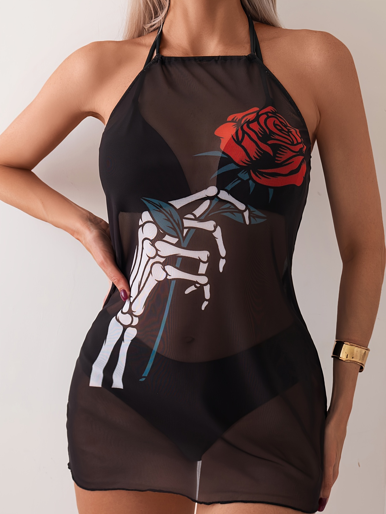 Women's Bikini Three-piece Set Rose Print Sunscreen Shirt Sexy V Triangle Bikini Holiday Style