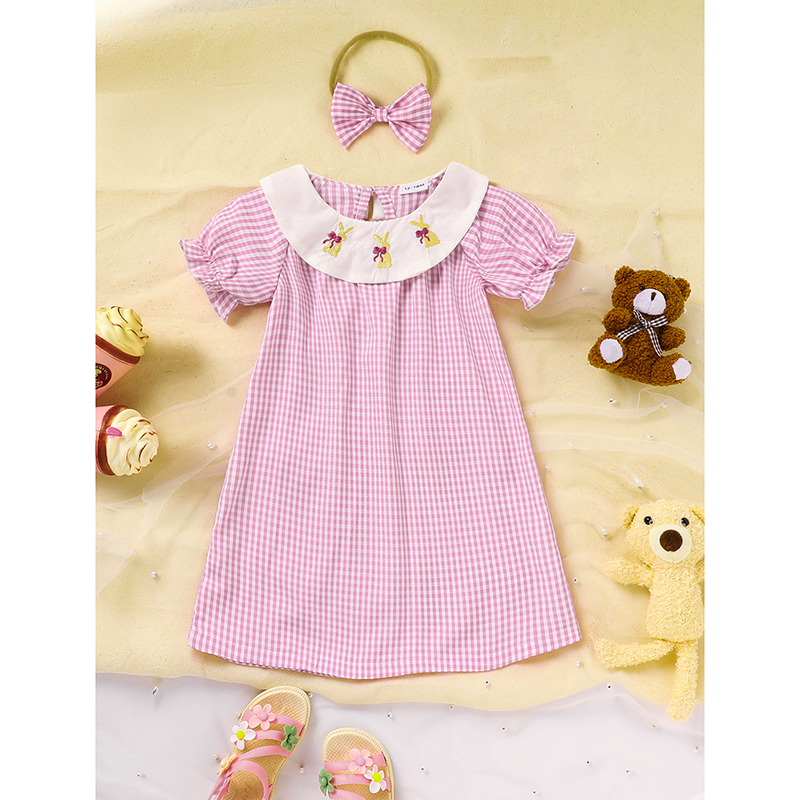 Infant Bbay Girls' Plaid Smocked Dress Short Sleeve Easter Bunny Rabbit Embroidery Casual Fashion Clothes