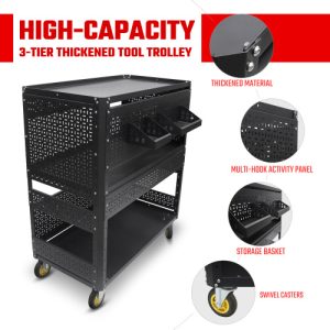 3-Tier DIY Detachable Utility Cart Storage Tool Cart With Steel Pegboard, Foldable Rolling Tool Cart With Wheels For Garage Organizer And Tool Storage