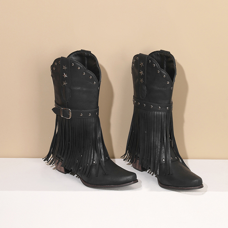 Autumn And Winter Tassel Women's Western Rivet Belt Buckle Tassel Middle Boots
