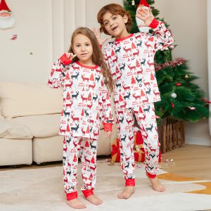 Cartoon Flower Deer Print Parent-child Christmas Pajamas Home Wear Suit