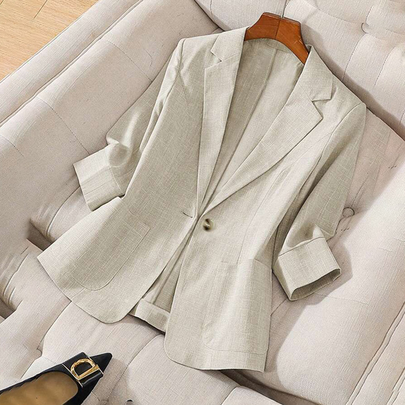 Women's Notched Lapel Single-Breasted Minimalist Blazer Half Sleeve H-Line Jacket With Pockets Casual & Office Wear For Spring&Fall