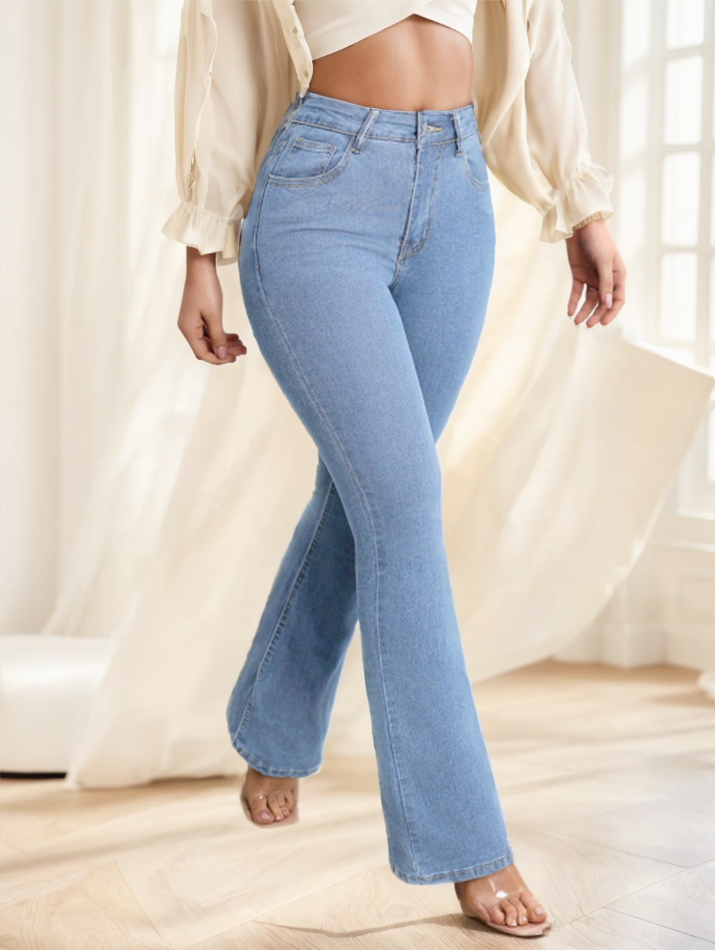 Women's Button Front Pocket Simple Design Casual Denim Long Pants