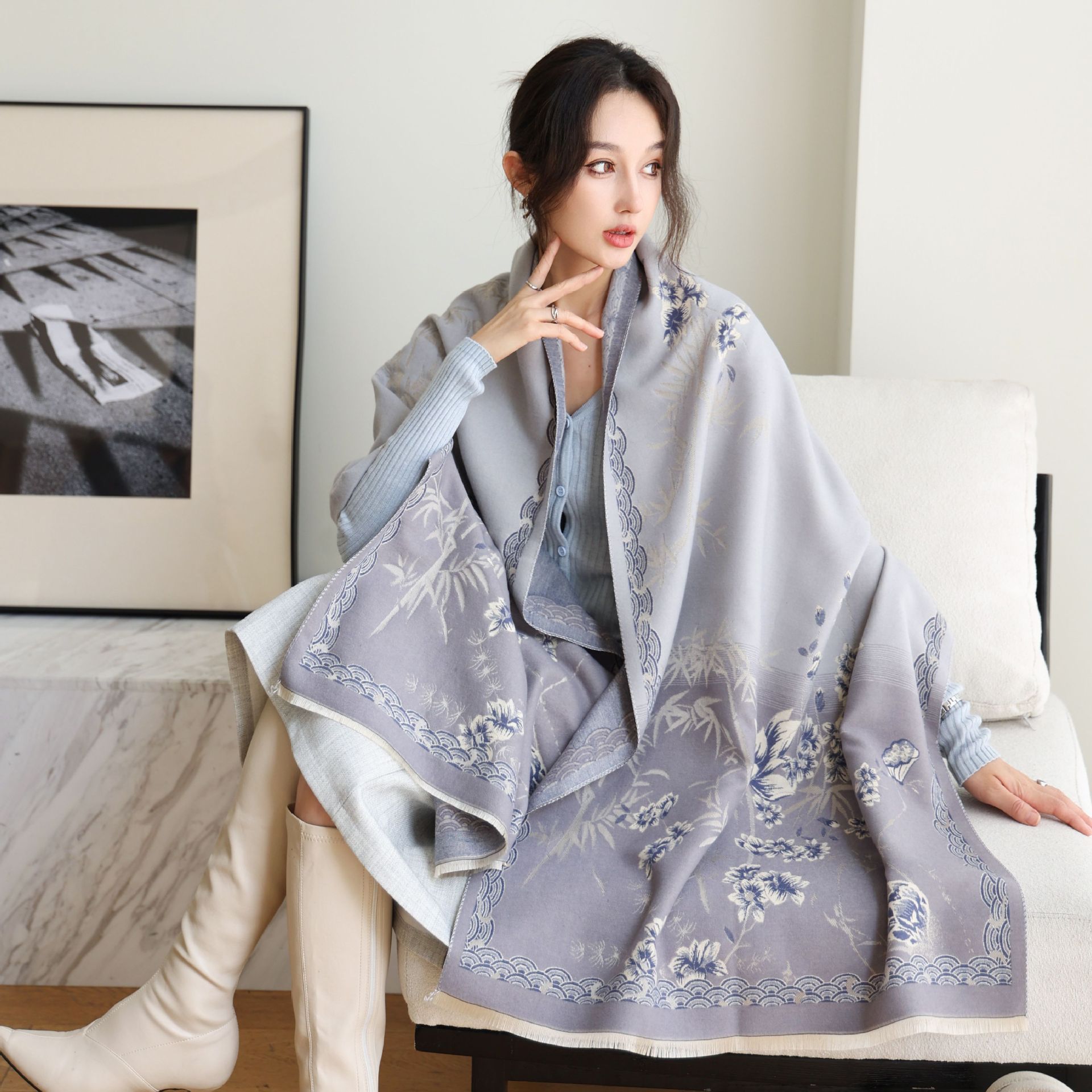 National Style Elegant Cashmere Scarf Double-sided Dual-use Jacquard Shawl