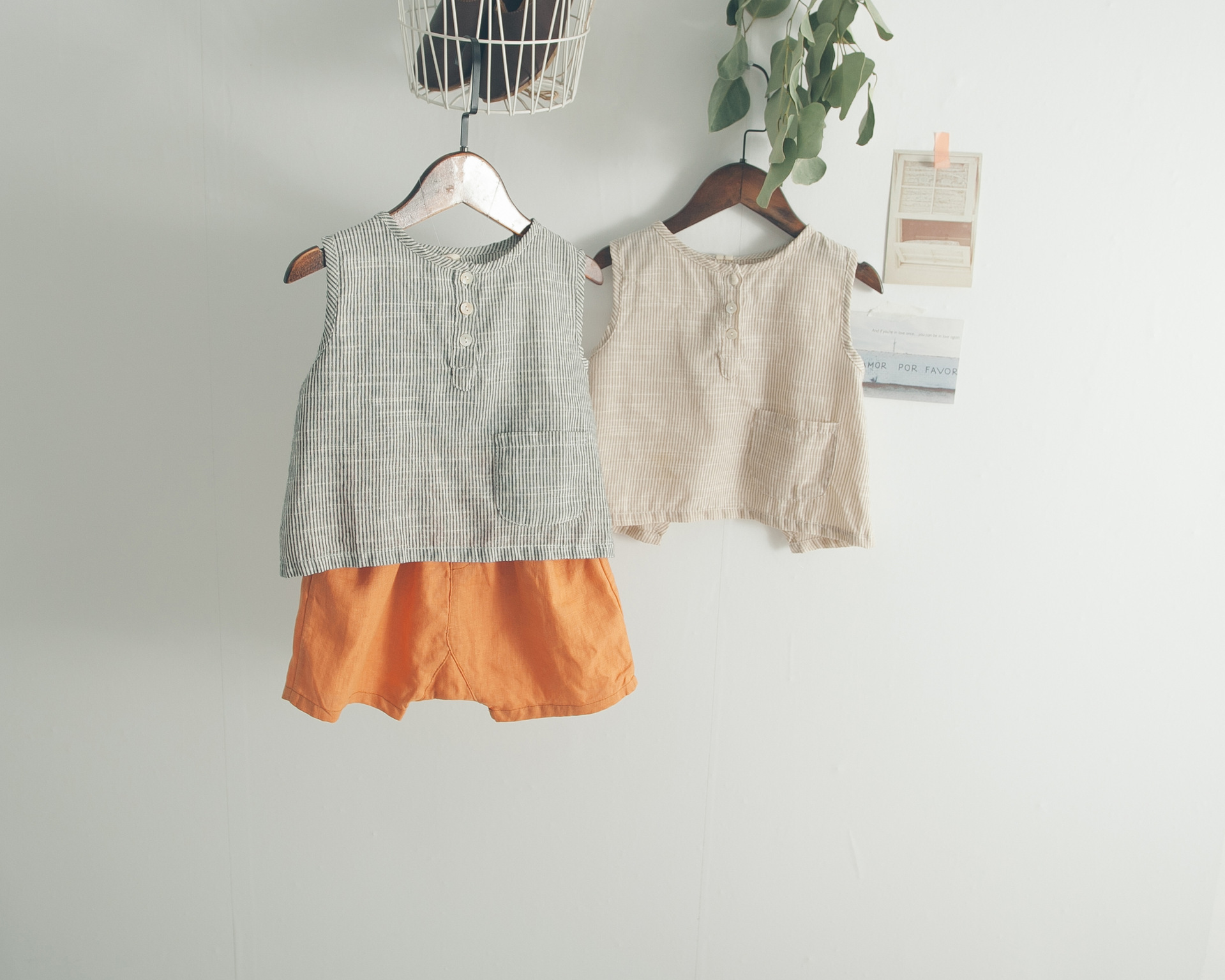 Korean Style Summer Children's Cotton And Linen Sleeveless Back Slit Vertical Stripe Vest