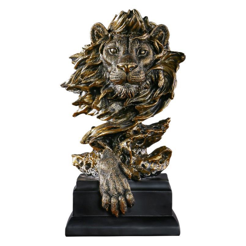 American Retro Animal Copper Lion Head Portrait Resin Craft Ornament Hallway Office Wine Cabinet Decoration