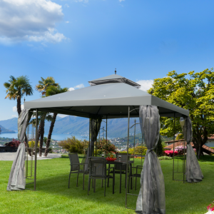 10x10 Steel Patio Gazebo Canopy Grey With Mesh Curtains Shelves