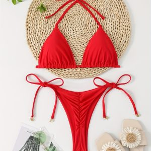 Sexy V-shaped Bikini Set For Women, Solid Color, Thong, Shell Clasp, Bikini