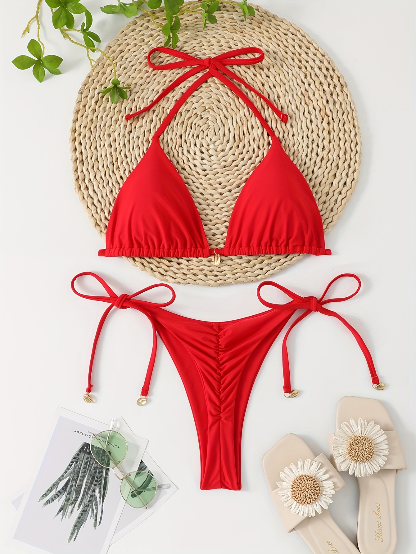 Sexy V-shaped Bikini Set For Women, Solid Color, Thong, Shell Clasp, Bikini