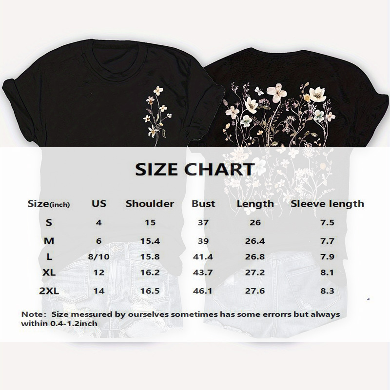 Women's Round Neck Short Sleeve T-Shirt - Front & Back Floral Print Summer Casual Tee
