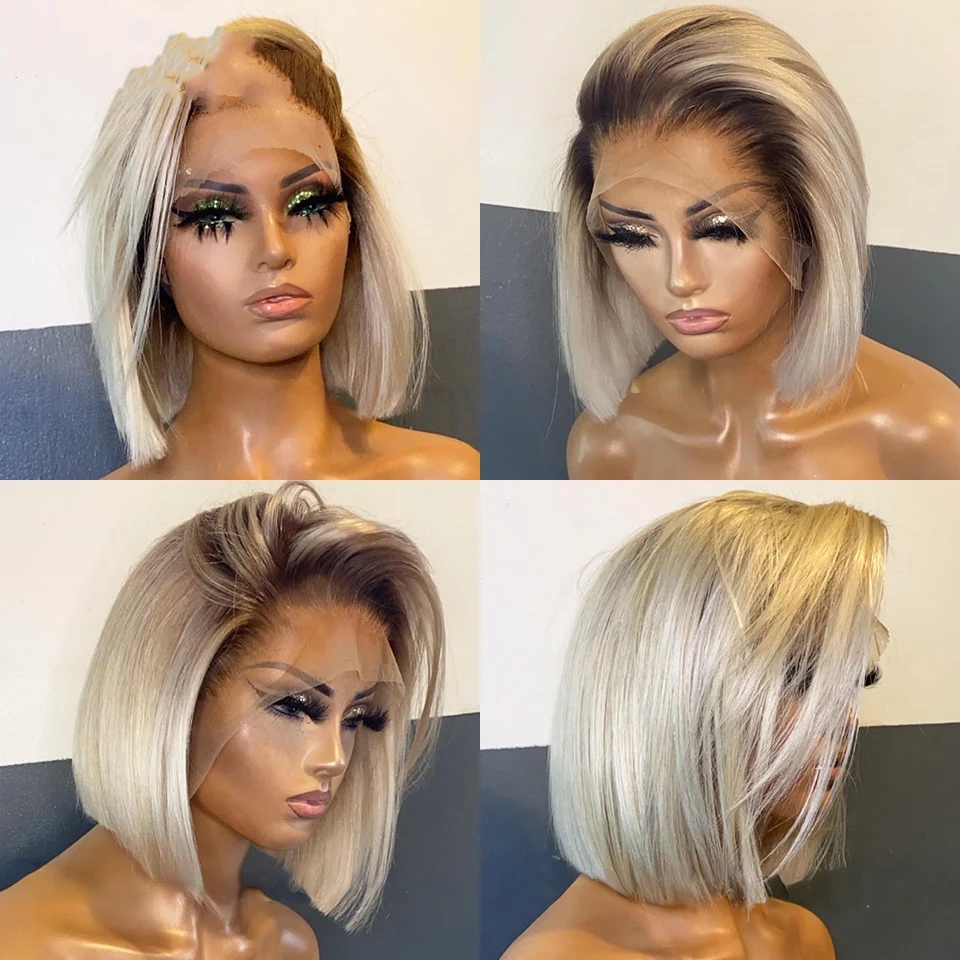 Edge Split Golden Head Dyed Brown Short Straight Hair Headgear