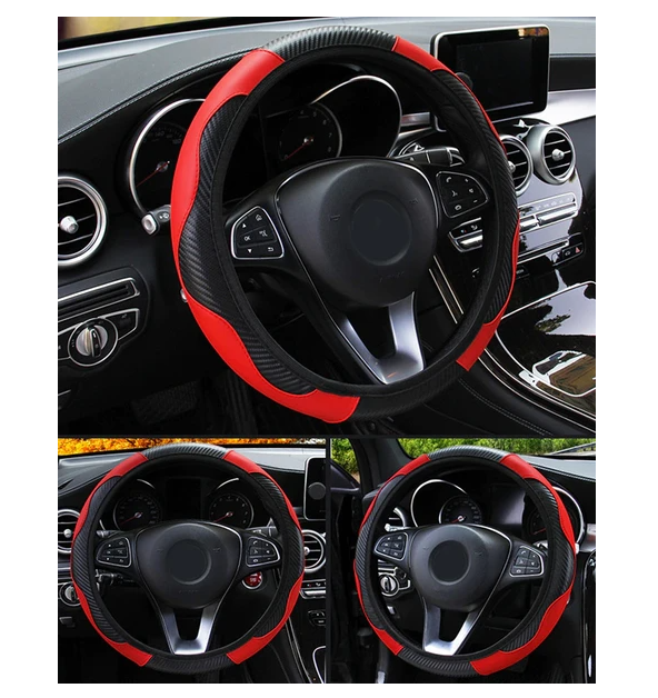 Car Steering Wheel Cover Red Black Leather Anti-slip For Carbon Fiber