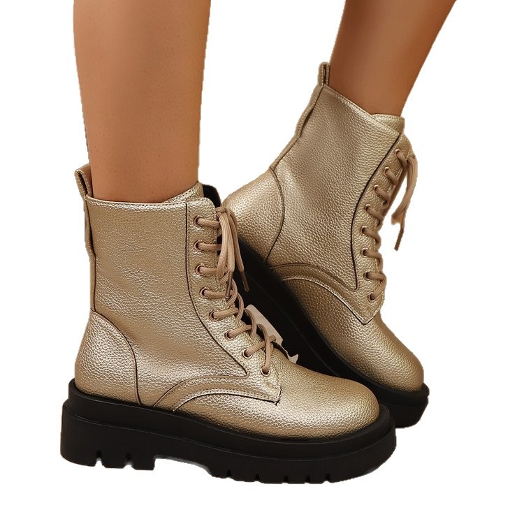 Leather Short Tube Lace Up Round Toe Platform Martin Boots