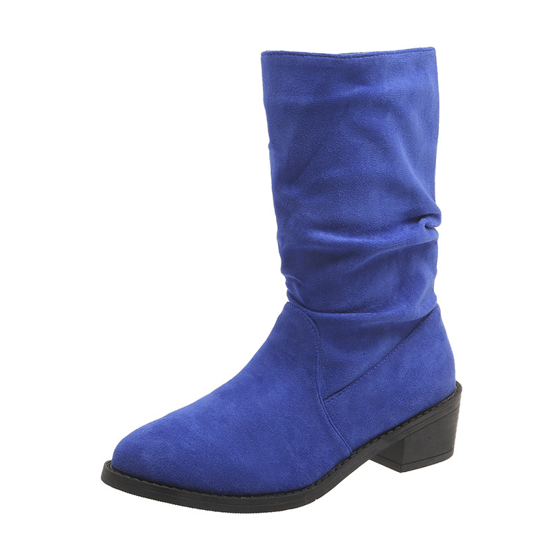 Large Size Thick Heel Pointed Toe Mid-calf Smoke Pipe Boots For Women