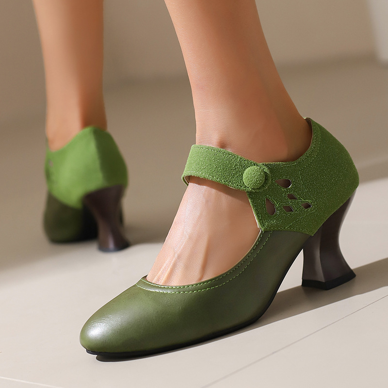 Buckle Spring And Autumn Women's Shoes Round Head Chunky Heel Shoes