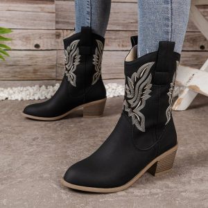 V Cut Embroidered Sleeve Thick Heel Middle Denim Women's Boots