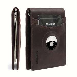 Mens Wallet Genuine Leather Slim Bifold Wallet With Airtag Holder, RFID Blocking, Front Pocket Wallet With Money Clip,ID Window Credit Card Holder