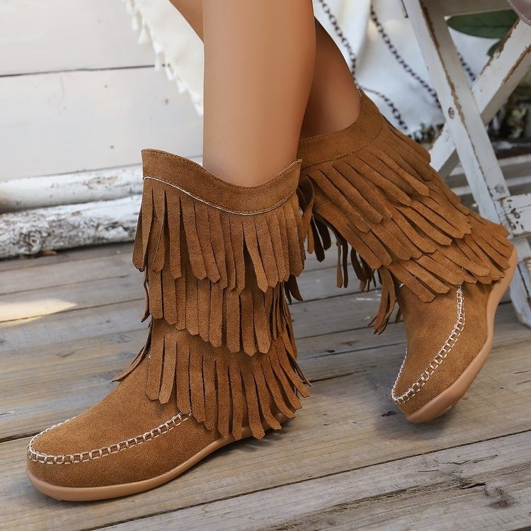 Plus Size Retro Tassel Mid-calf Heel Martin Boots