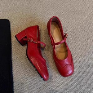 Carved High Heels Female Square Toe Genuine Leather All-match