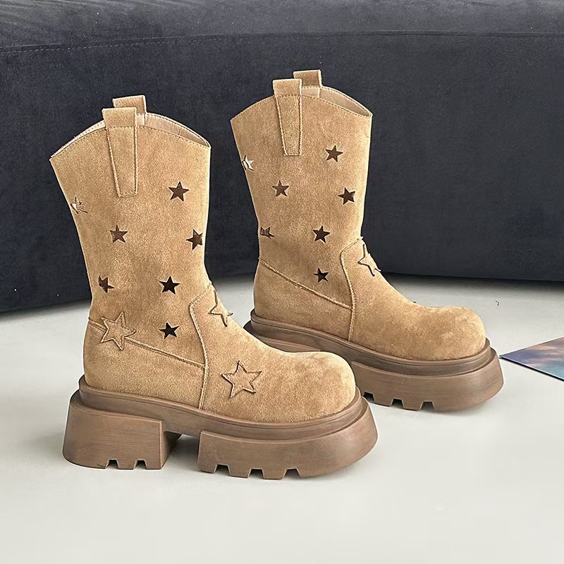 Five-star Hollow-out Platform Western Denim Ankle Boots